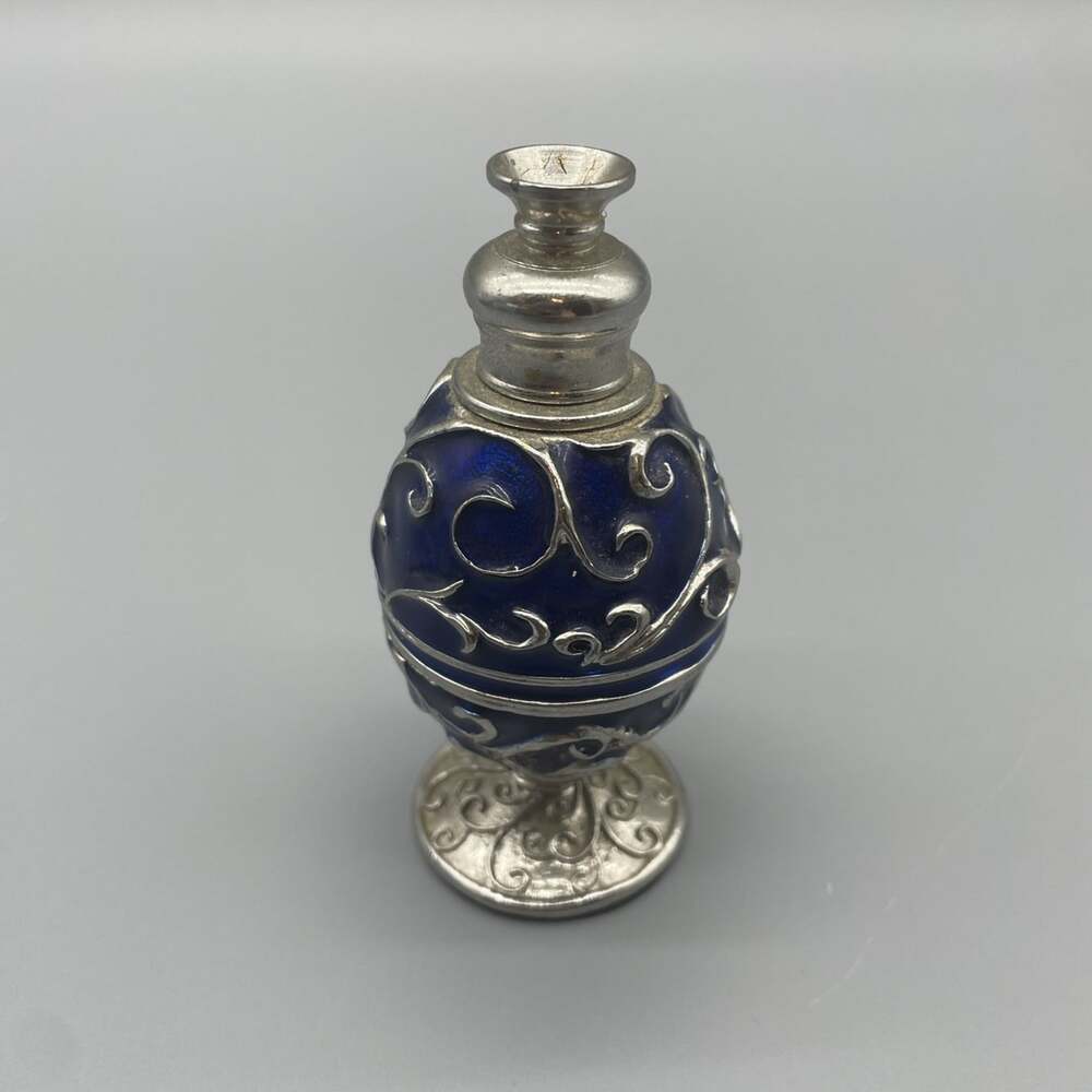 Decorative Perfume Oil bottle. Enameled Midnight blue Silver Tone Elegant Scroll